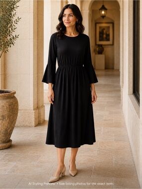 Reborn J Women’s L Black Bell Sleeve Midi Dress Stretch Knit Pockets